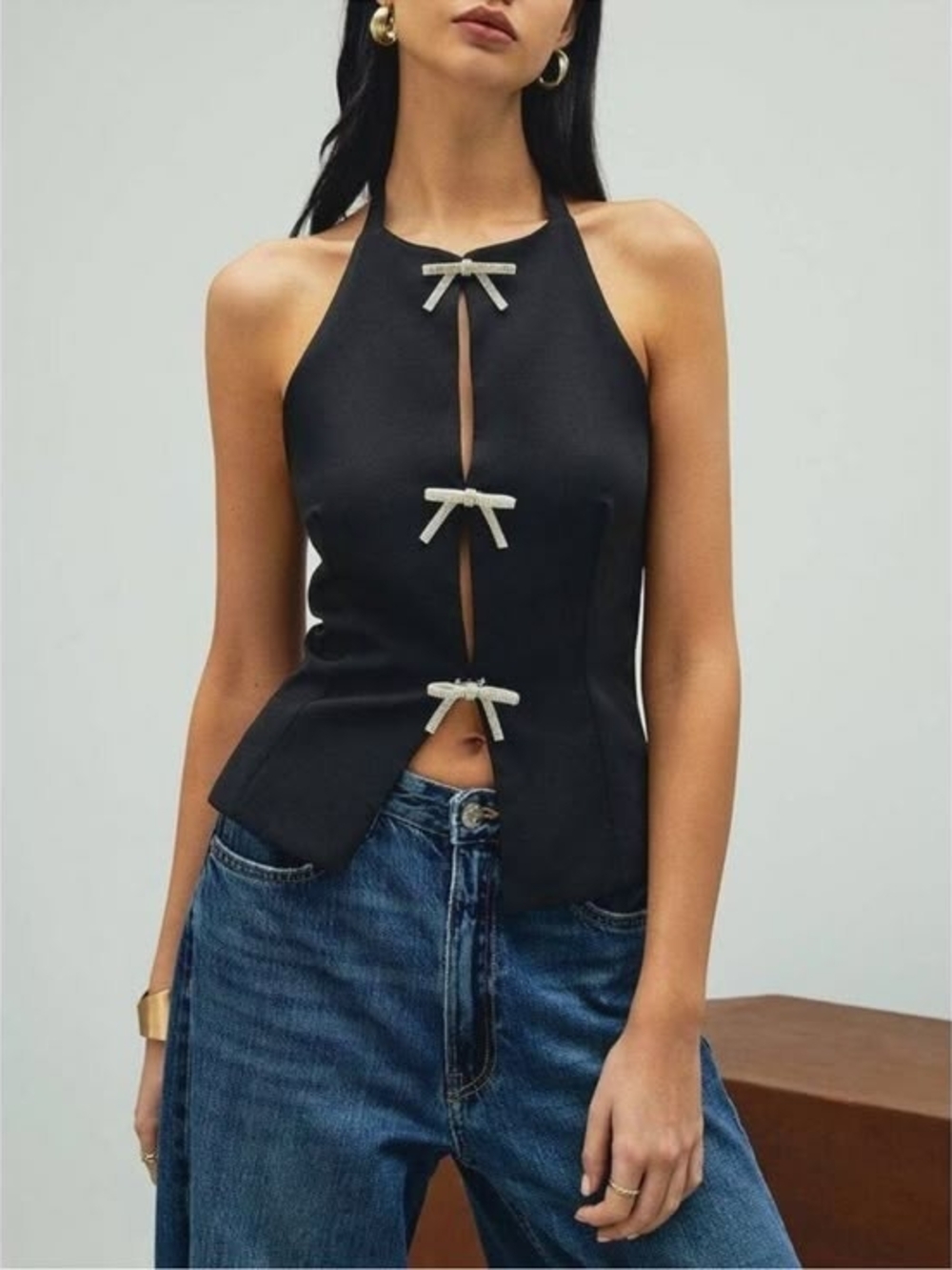 Zara Black Halter Camisole with Decorative Bows